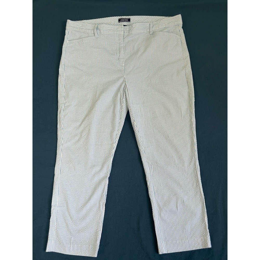 Lands End Womens 18 Seersucker Striped Pants Mid Rise Slim Leg Blue White